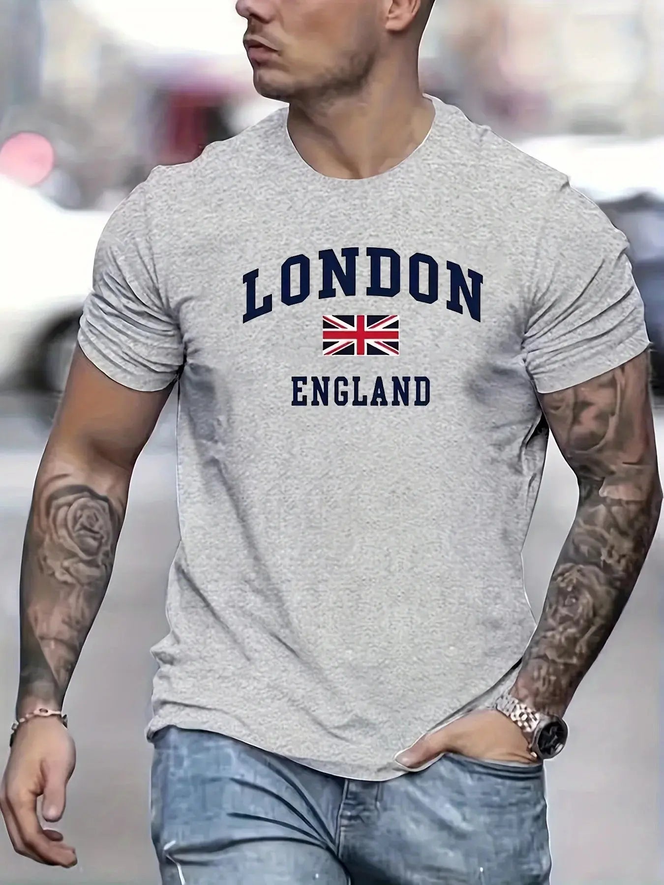 Summer men's 100% pure cotton casual loose fit plus size London England pattern printed round neck short sleeved T-shirt top - Suncollections