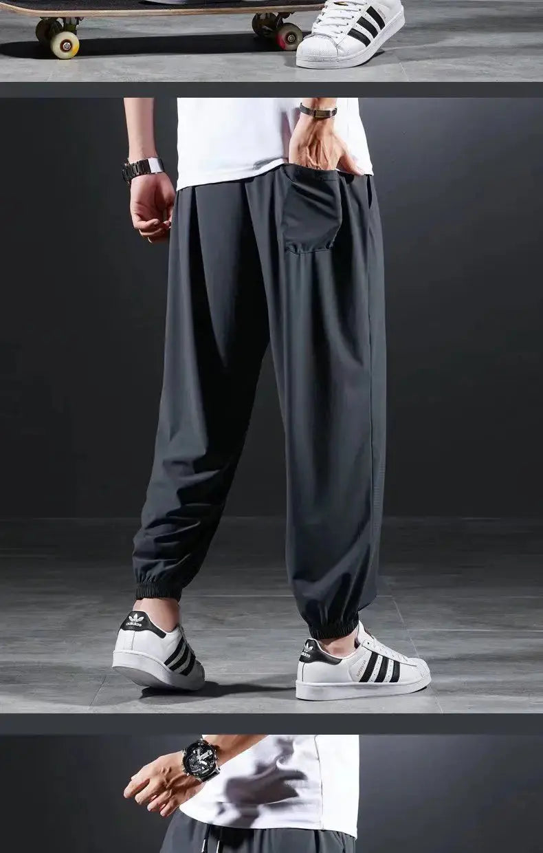 Summer Quick-drying Ice Silk Casual Pants Men's Ultra-thin Elastic Nine-point Pants Loose Drape Solid  Beam Feet Pants 7XL Suncollections