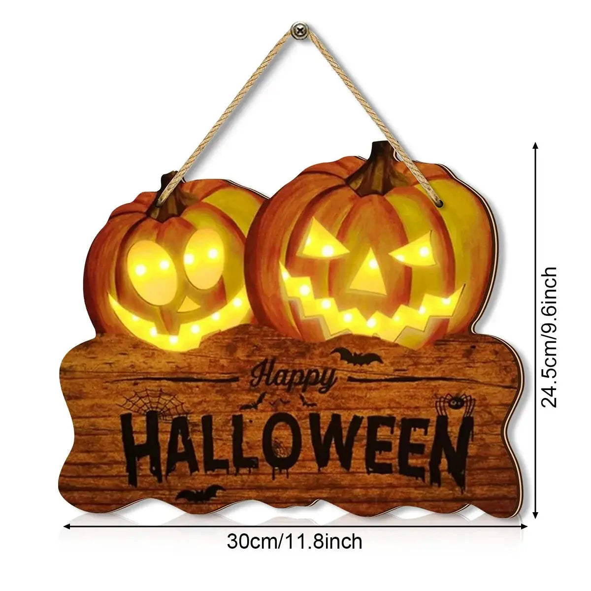 Light up the wooden Halloween sign with two jack-o'-lantern pumpkin lanterns for festive home decoration Suncollections