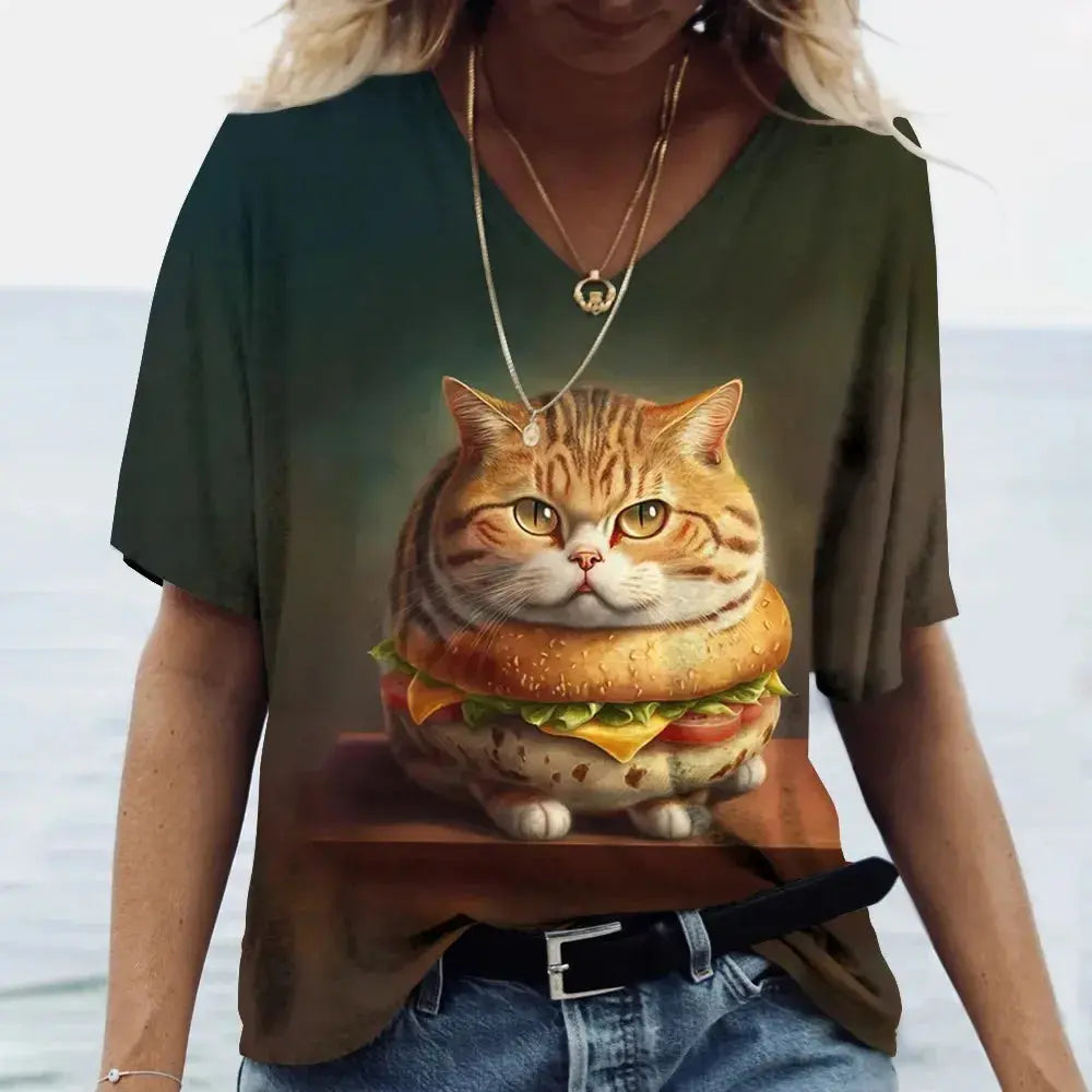 Fashion Women's T-shirt Cat Printed Short Sleeve Female Harajuku Tees Ladies T Shirt Oversized V-neck Tops Animal Women Clothing - Suncollections