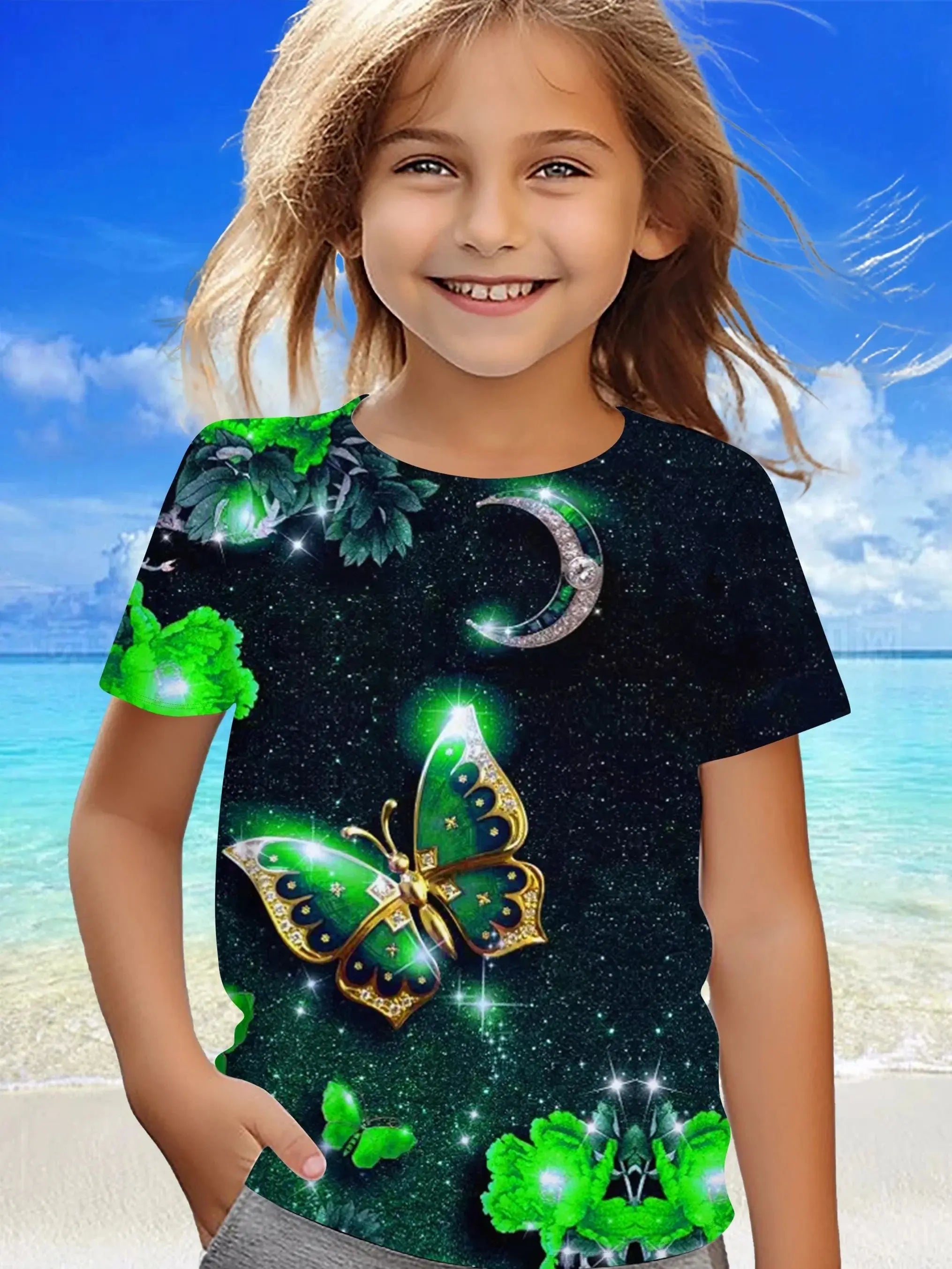 Children's Clothing Girl Clothes Short Sleeve Girl T-Shirt Prety Butterfly Print Kawaii Round Neck Girl Top Kids Summer Clothes - Suncollections
