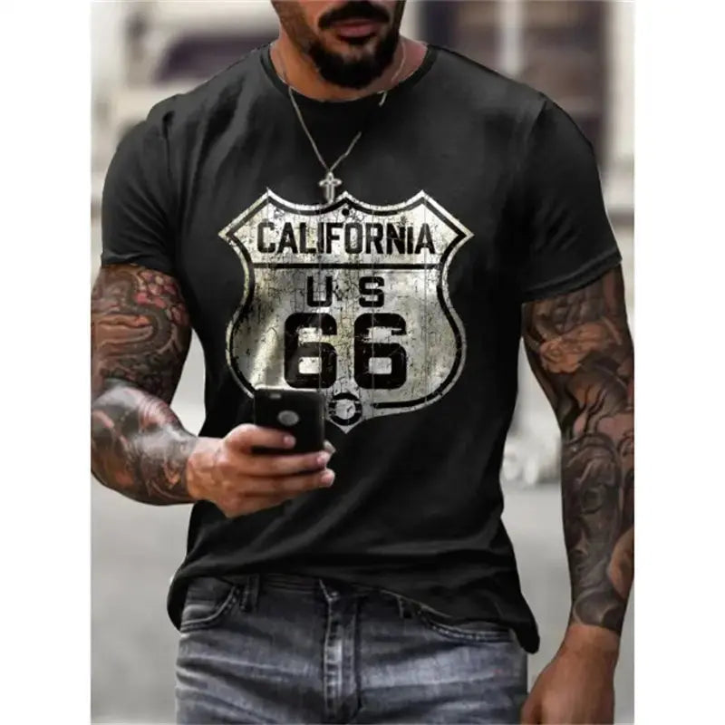 2023 New Men's Vintage T-Shirt 3D Printed American Plus-Size Hip-Hop Personality 66 Designed Short-Sleeved Daily Casual Clothing - Suncollections
