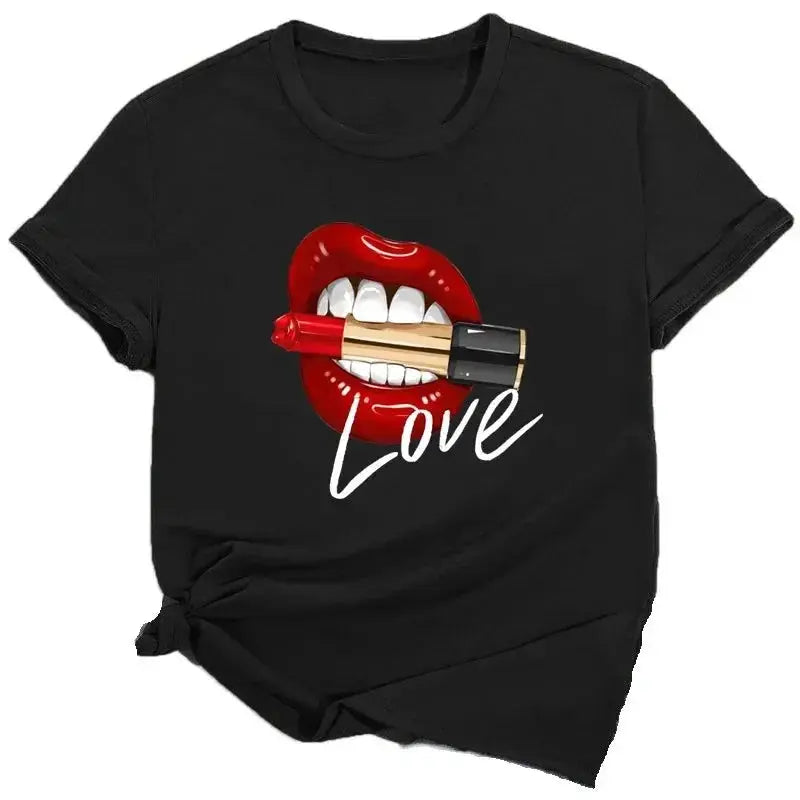 Women Tops O-neck Sexy Black Tees Kiss Lip Funny Summer Female Soft T Shirt Lips Watercolor Graphic T Shirt Top9180 - Suncollections
