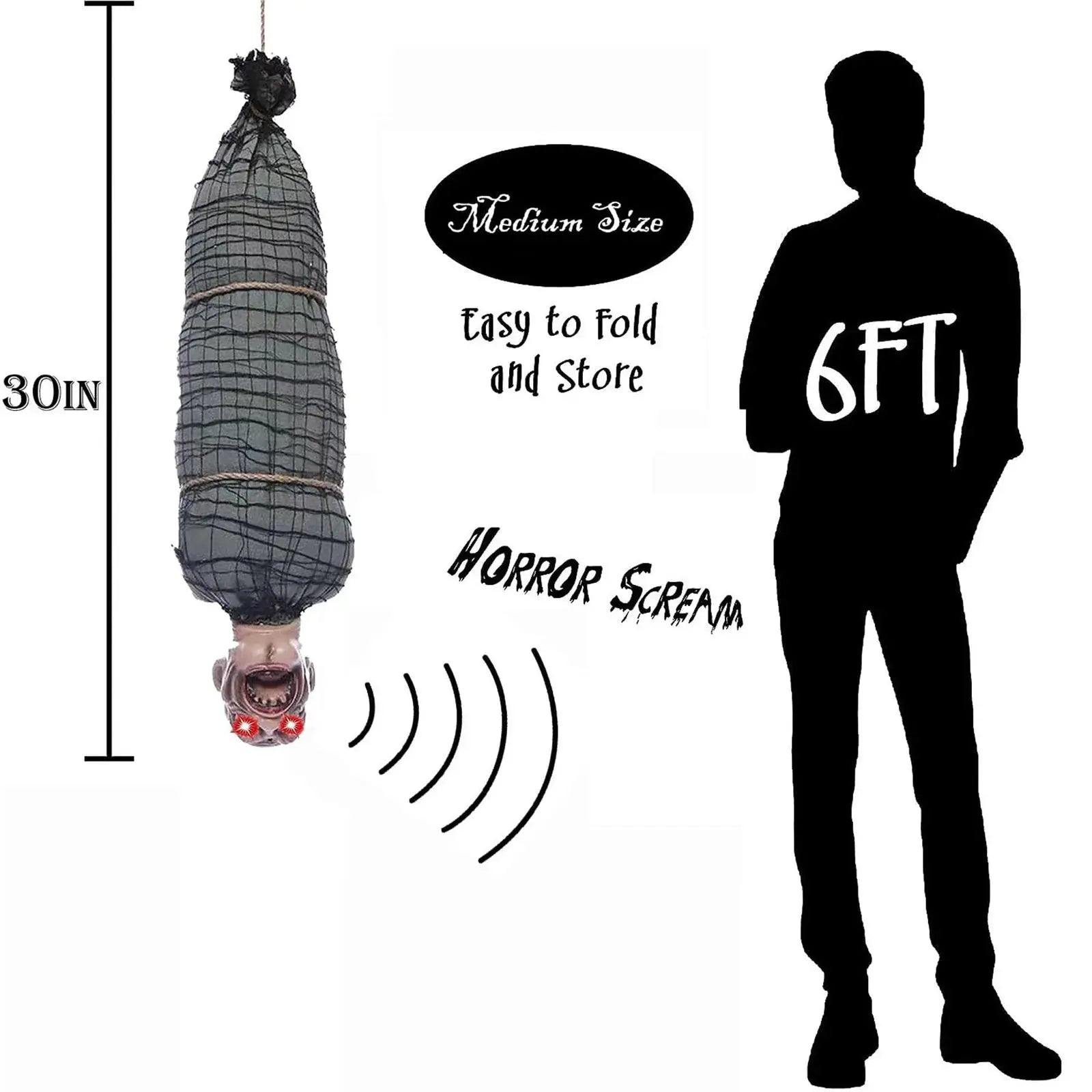 2.46 Ft Halloween Hanging Animated Corpse With LED Light Up Eyes Talking & Shaking Scary Ghost Sound Effect For Halloween Decor Suncollections