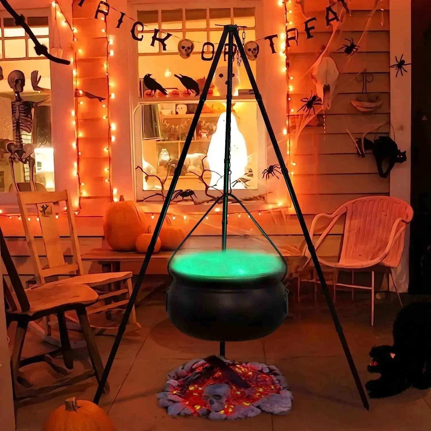 51in Halloween Decor Outdoor 12in Large Witch Cauldron on Tripod with Lights Black Plastic Bowl Party Hocus Pocus Candy Bucket Suncollections