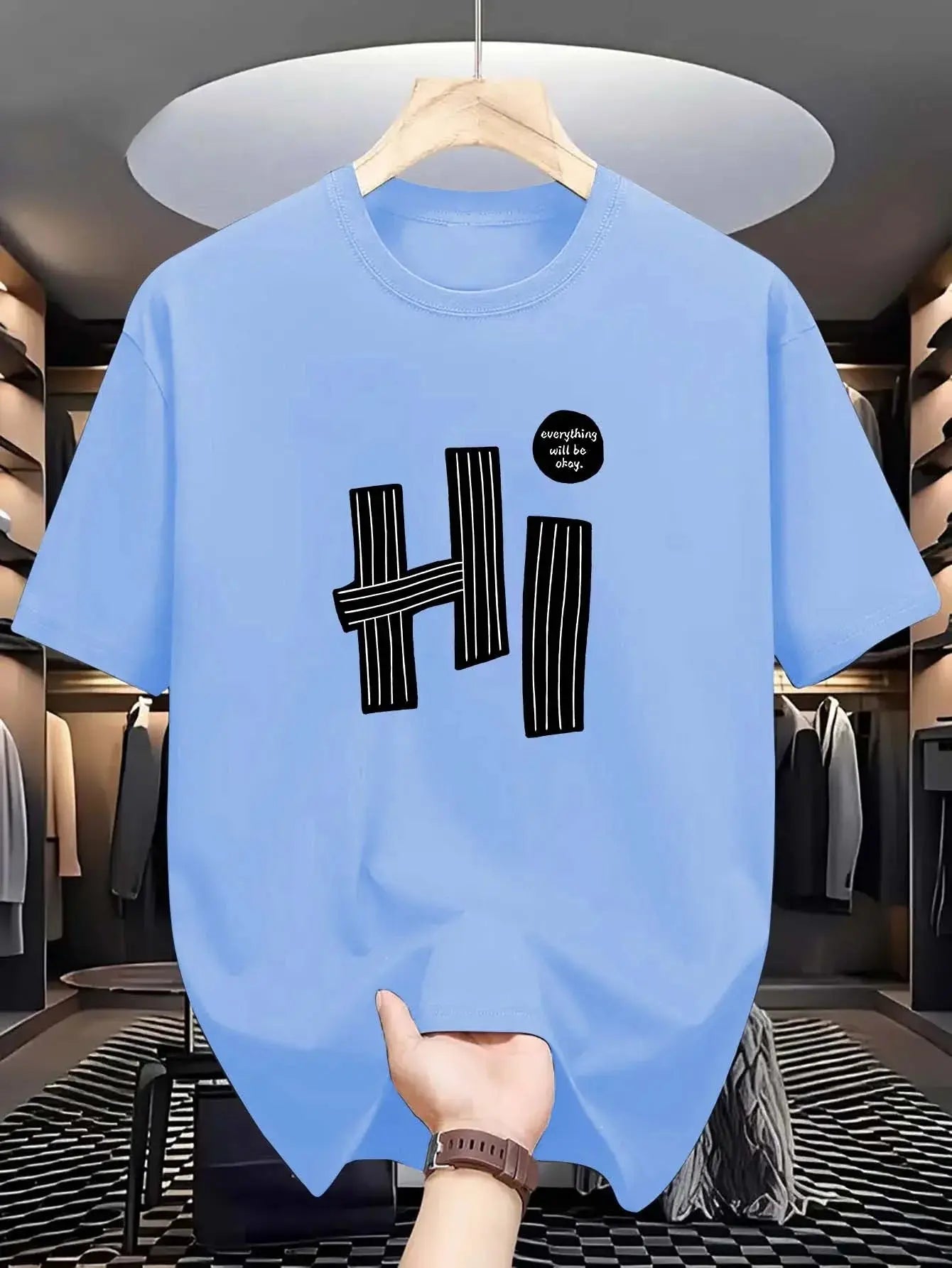 Hi pattern men's T-shirt casual and comfortable summer short sleeve round neck top T-shirt, fashionable machine washable - Suncollections