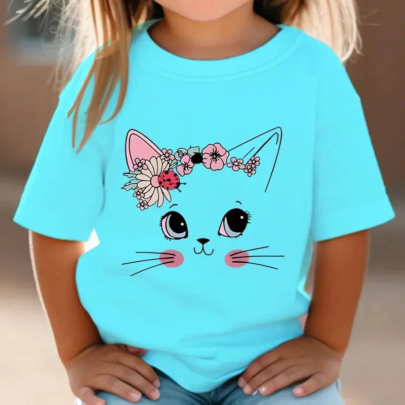 Summer Kids T Shirt Flower Cat Graphic Shirt Girls Floral Kitty Tops White Short - Suncollections