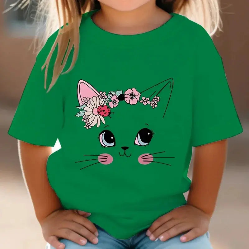 Summer Kids T Shirt Flower Cat Graphic Shirt Girls Floral Kitty Tops White Short - Suncollections