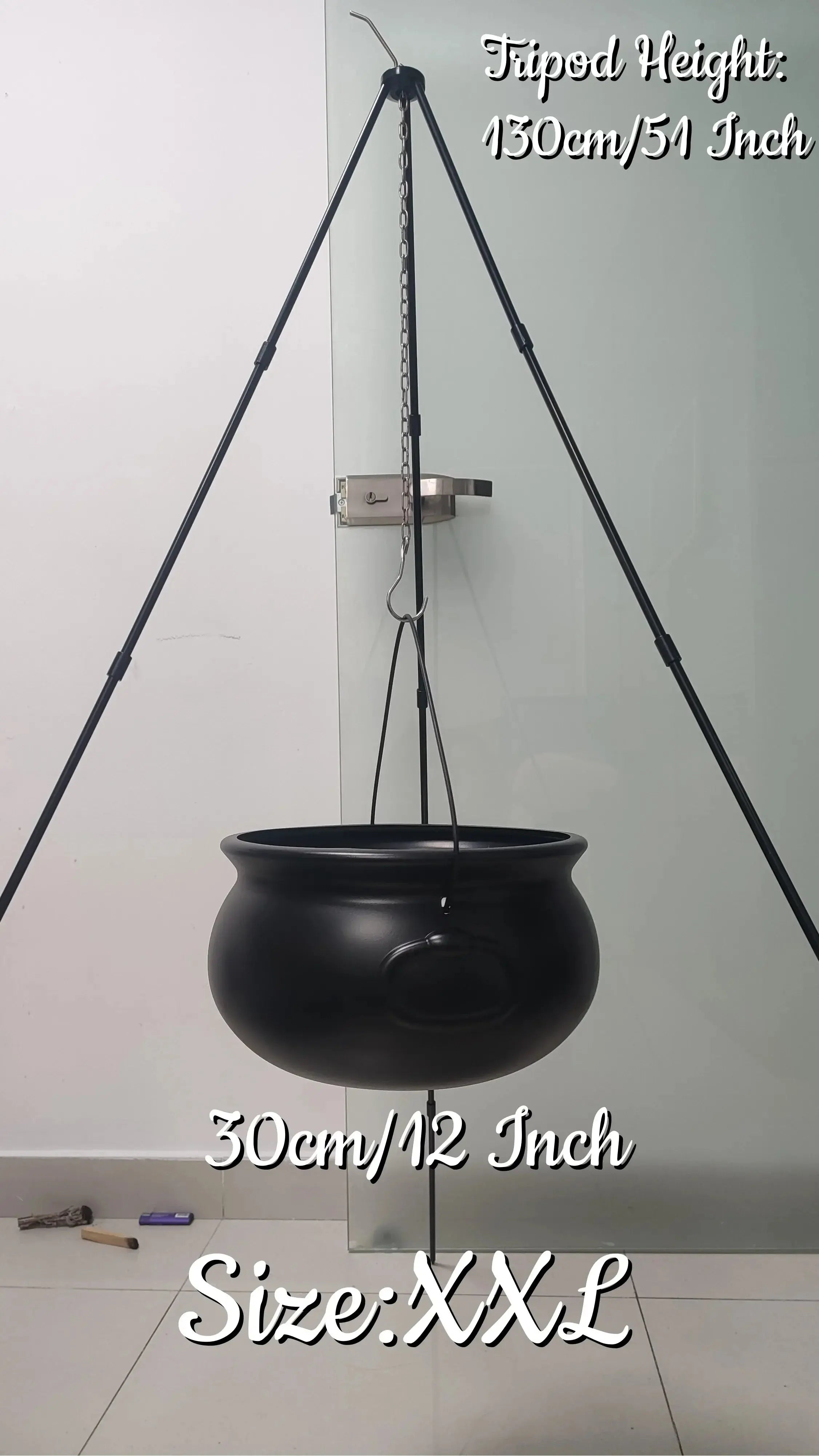 51in Halloween Decor Outdoor 12in Large Witch Cauldron on Tripod with Lights Black Plastic Bowl Party Hocus Pocus Candy Bucket Suncollections