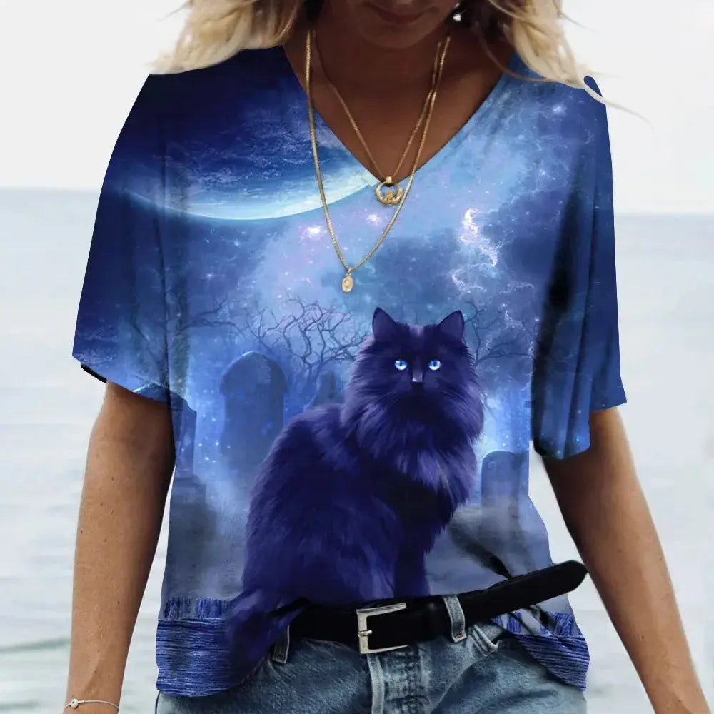 Fashion Women's T-shirt Cat Printed Short Sleeve Female Harajuku Tees Ladies T Shirt Oversized V-neck Tops Animal Women Clothing - Suncollections