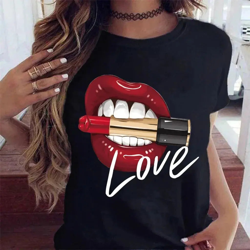 Women Tops O-neck Sexy Black Tees Kiss Lip Funny Summer Female Soft T Shirt Lips Watercolor Graphic T Shirt Top9180 - Suncollections