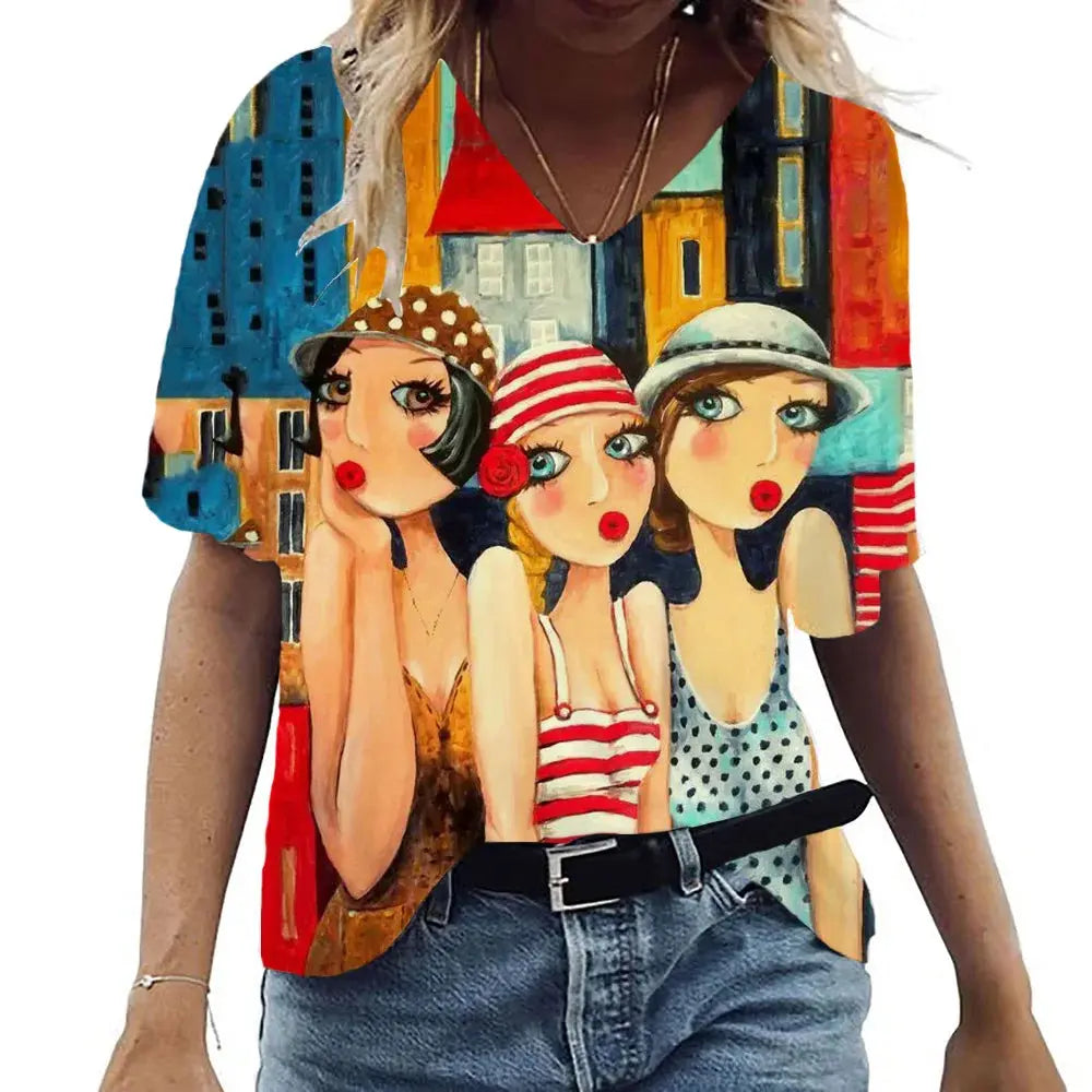 Women's Summer T-Shirt V Neck Short Sleeve Top Abstract Portrait Painted T-Shirt Women's Loose Casual T-Shirt Street Style - Suncollections