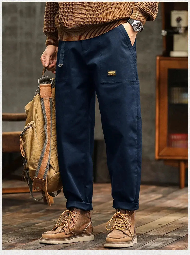 HIQOR Mens Clothing Spring Autumn Cargo Pants Man Cotton Casual Loose Trouser Belt Mid Waist Joggers Male Straight Baggy Pants Suncollections