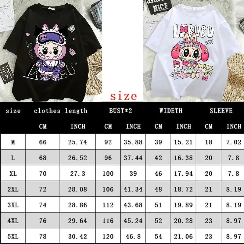 Pop Mart Labubu T-shirts for Women Anime Fashion Short Sleeved Top Summer Hip Hop Black White T-shirt High Quality Clothes - Suncollections