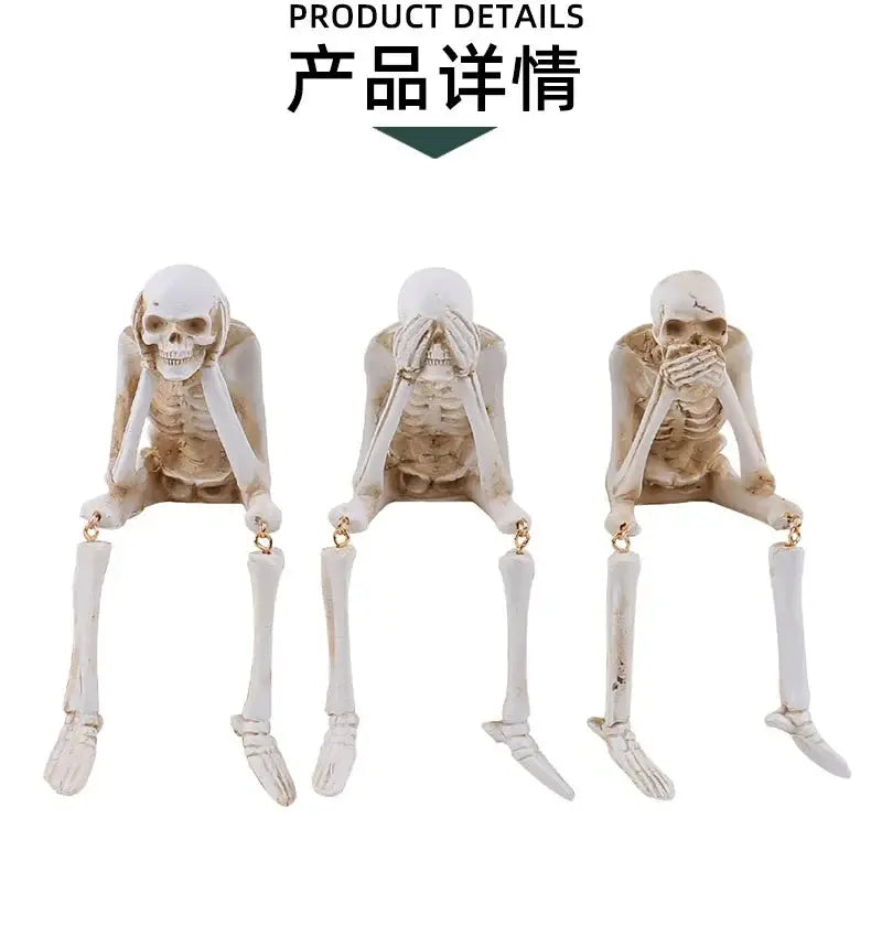 Halloween Statues Resin See Speak Hear No Evil Skeleton Figurines Resin Realistic Skull Decor for Bookshelf Table Edge Ornament Suncollections
