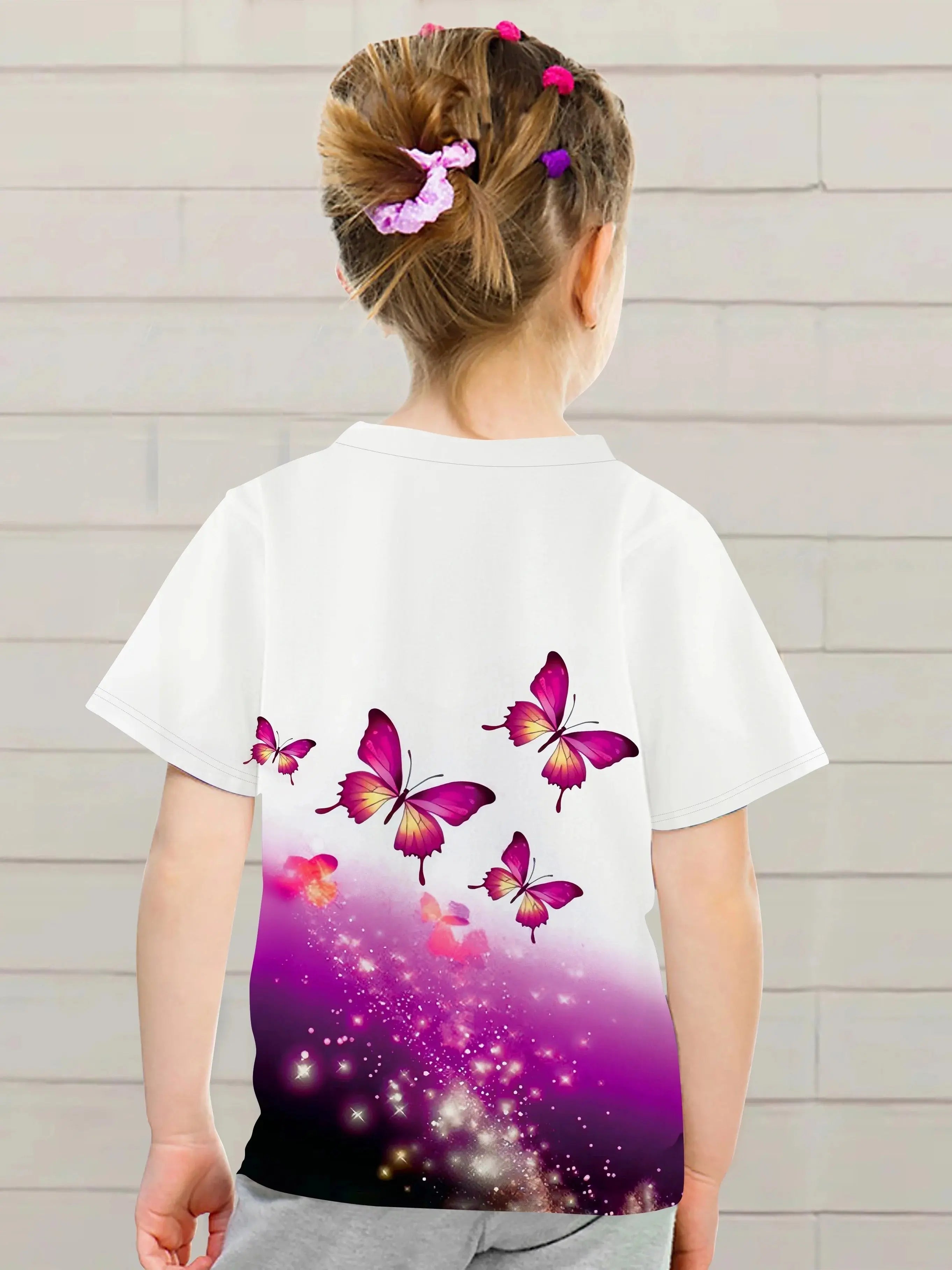 Children's Clothing Girl Clothes Short Sleeve Girl T-Shirt Prety Butterfly Print Kawaii Round Neck Girl Top Kids Summer Clothes - Suncollections