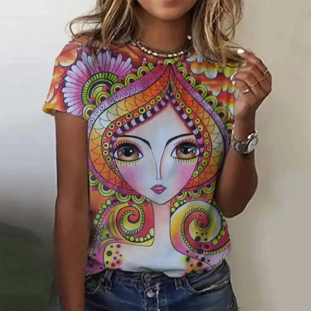 Summer Women's T-Shirts Girls Cute Print Short Sleeve Harajuku Fashion O-Neck Shirts Ladies Colorful Beautiful Shirt Tees - Suncollections