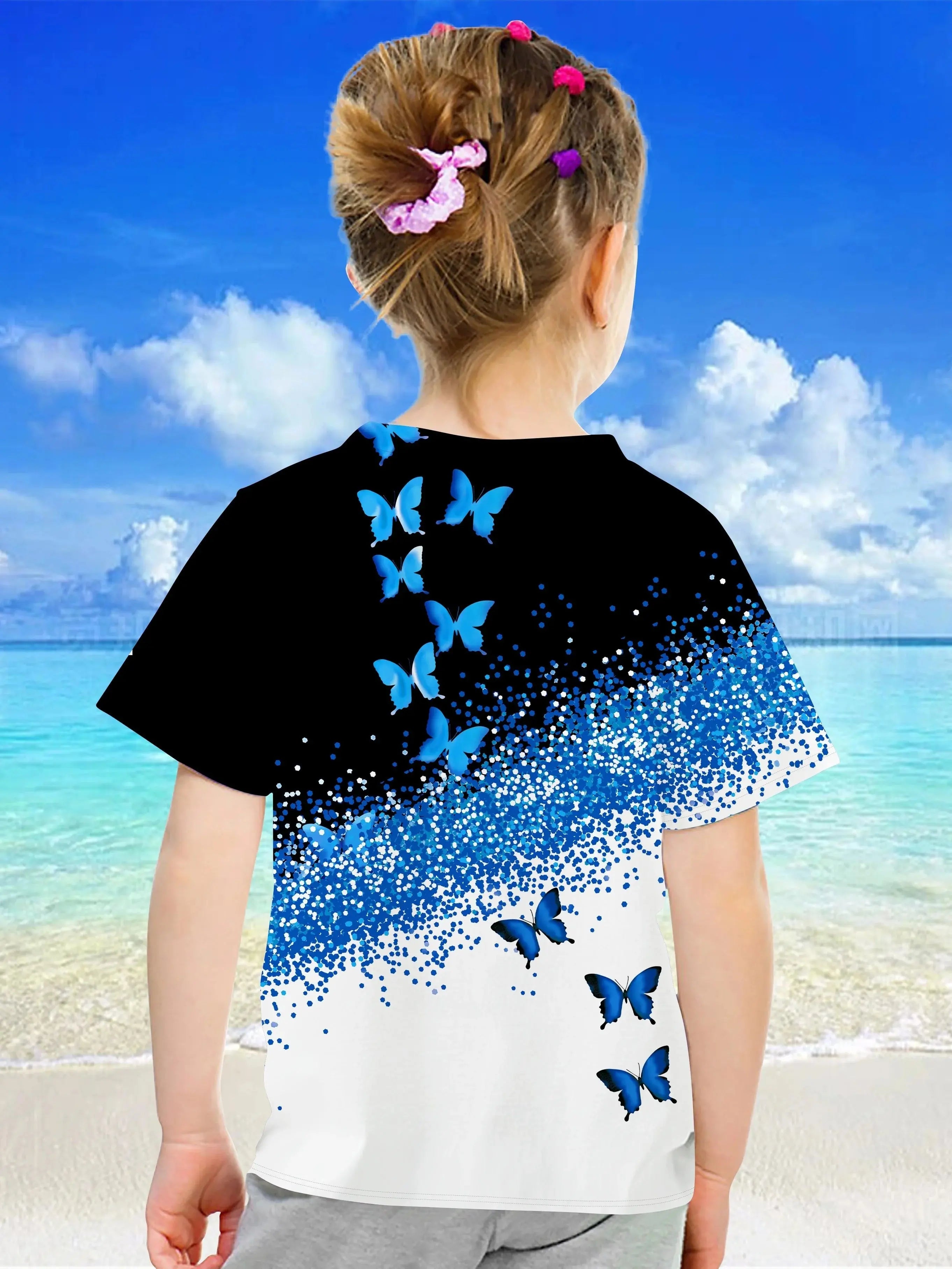 Children's Clothing Girl Clothes Short Sleeve Girl T-Shirt Prety Butterfly Print Kawaii Round Neck Girl Top Kids Summer Clothes - Suncollections