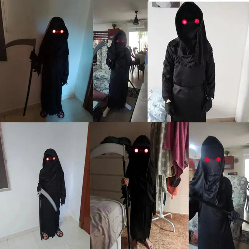 Halloween Cosplay Costume Grim Reaper Scary Skeleton Costume Children Glowing Red Eyes Grim Reaper Ghost Robe Send Scythe Props Suncollections
