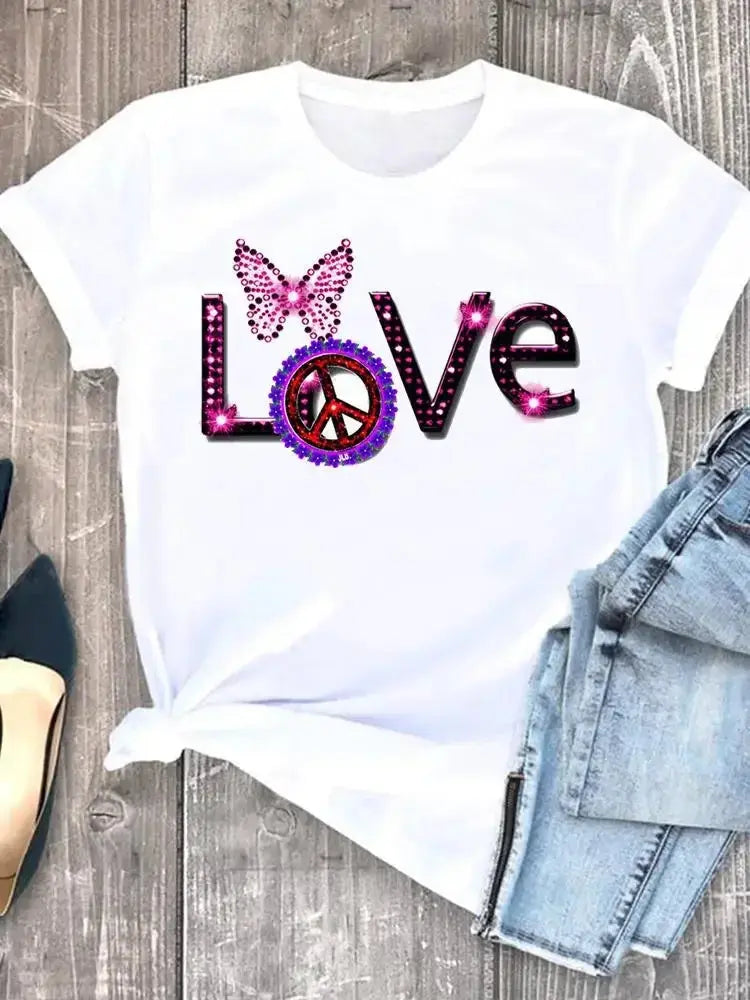 Summer leopard love heart t shirts sweet Fashion Women Tee T-shirts Casual Short Sleeve Regular Female Graphic T Shirt Clothes - Suncollections