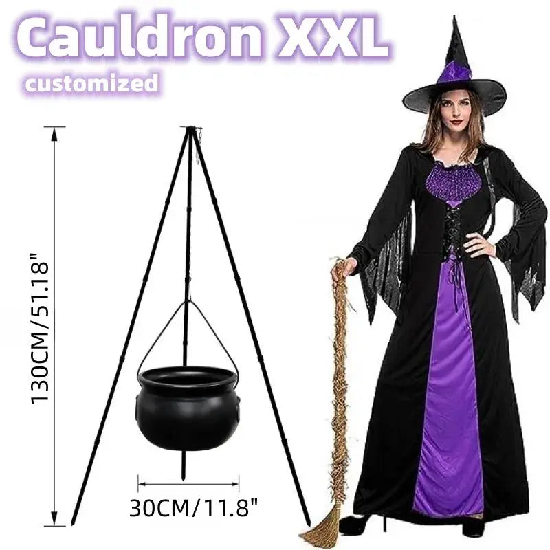 51in Halloween Decor Outdoor 12in Large Witch Cauldron on Tripod with Lights Black Plastic Bowl Party Hocus Pocus Candy Bucket Suncollections