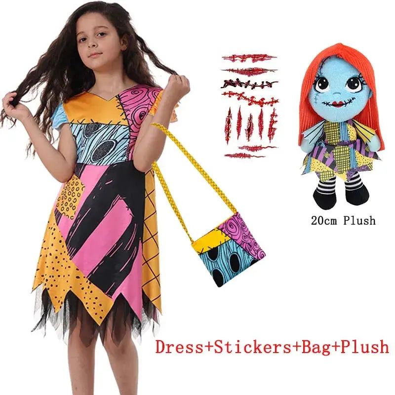 2025 Halloween Sally Cosplay Costume for Girl The Nightmare Before Xmas Role Play Dress Up Toddler Classic Sally&Jack Frocks Suncollections