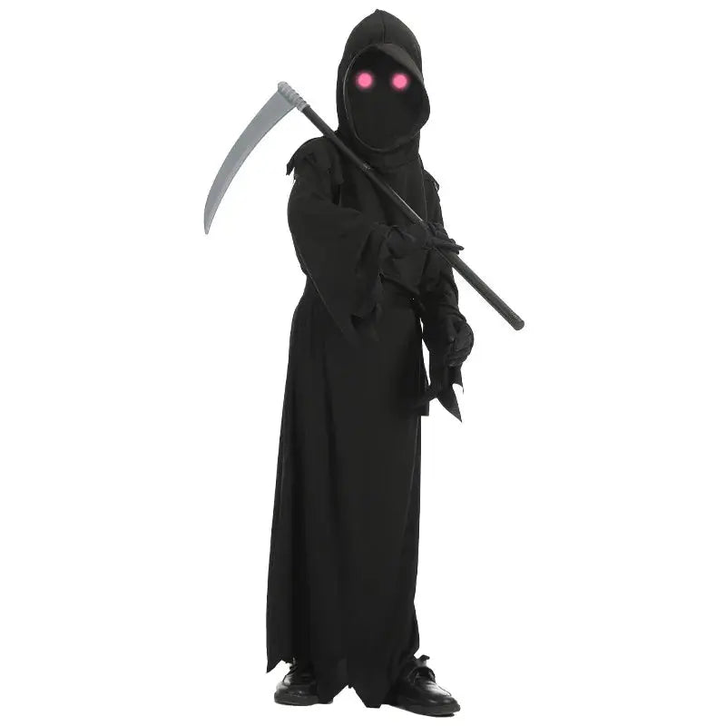 Halloween Cosplay Costume Grim Reaper Scary Skeleton Costume Children Glowing Red Eyes Grim Reaper Ghost Robe Send Scythe Props Suncollections