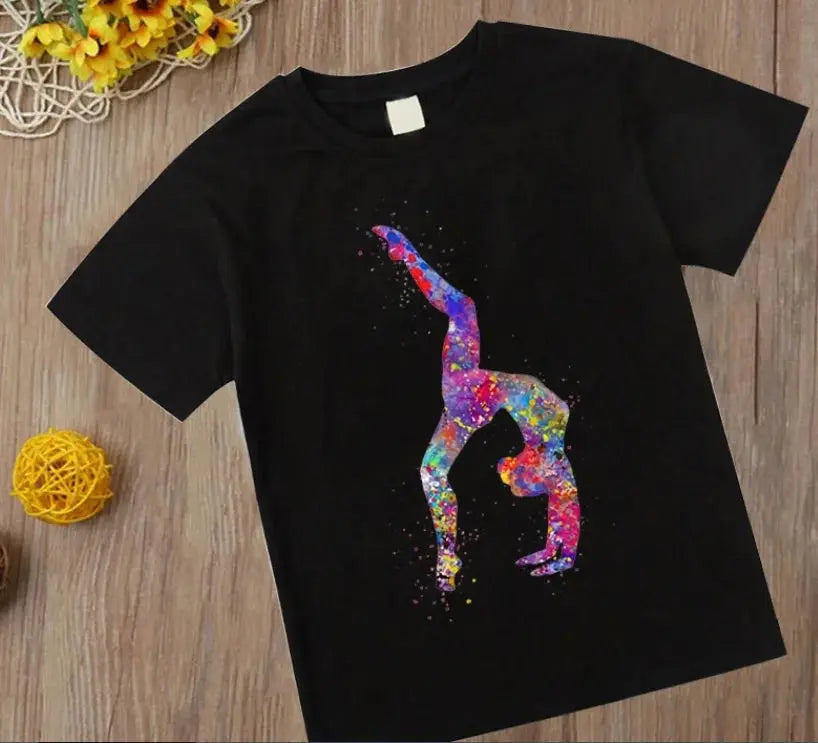 Watercolor Gymnastic Girl Print CuteChildren's T-Shirts Kids Black Tshirt GYM Excercise Sport Lover Birthday Gift Custom T Shirt - Suncollections