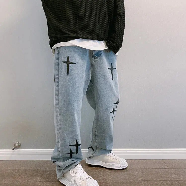 Prints Jeans Men 2023 New Streetwear Baggy Wide Leg Jeans Korean Fashion Drapes Straight Casual Loose Denim Cargo Pants Suncollections