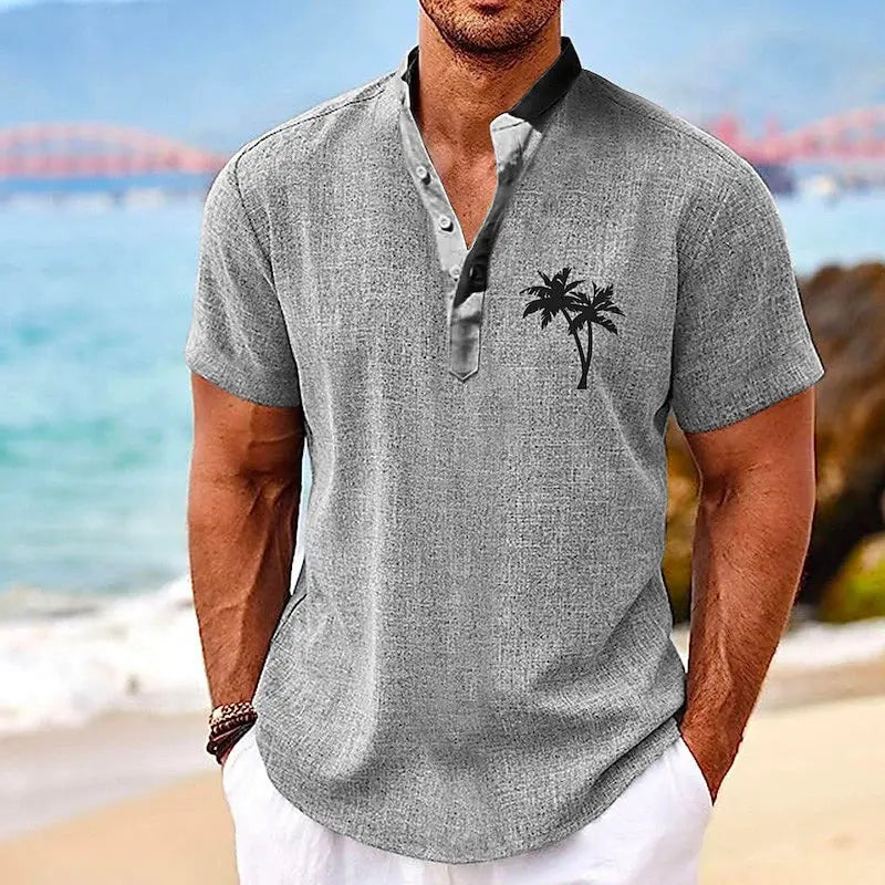 Coconut Tree Plaid 3D Print Henley Shirts Men's Casual Oversized Button Stand Collar Short Sleeve T Shirt Tees Tops Man Clothing - Suncollections