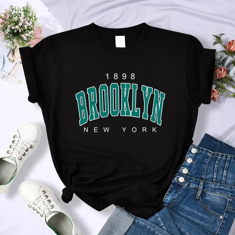 Fashion Vintage Womens T-Shirts 1898 Brooklyn New York Short Sleeve Tops Casual Street Clothing Woman Tops Summer Tees - Suncollections