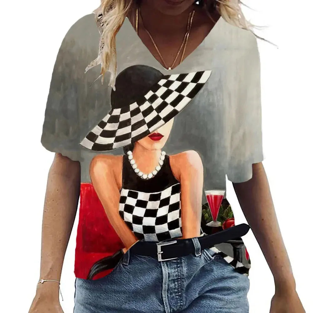 Women's Summer T-Shirt V Neck Short Sleeve Top Abstract Portrait Painted T-Shirt Women's Loose Casual T-Shirt Street Style - Suncollections