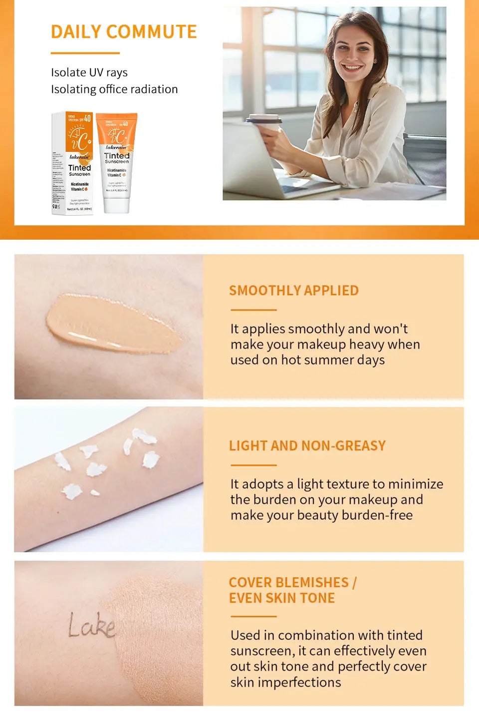 Vitamin C Tinted Sunscreen With SPF 40 Hydrating Mineral Sunscreen With Zinc Oxide & Titanium UV Protectio Dioxide Healthy Glow - Suncollections