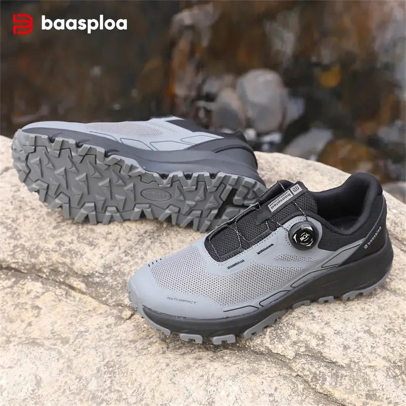 Baasploa New Men Outdoor Sneakers Mesh Breathable Rotating Button Hiking Shoes Male Comfort Rubber Sole Non-Slip Walking Shoes Suncollections