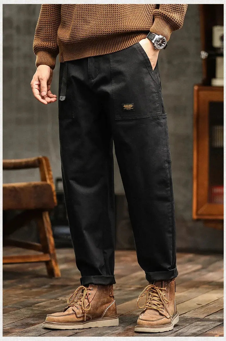 HIQOR Mens Clothing Spring Autumn Cargo Pants Man Cotton Casual Loose Trouser Belt Mid Waist Joggers Male Straight Baggy Pants Suncollections