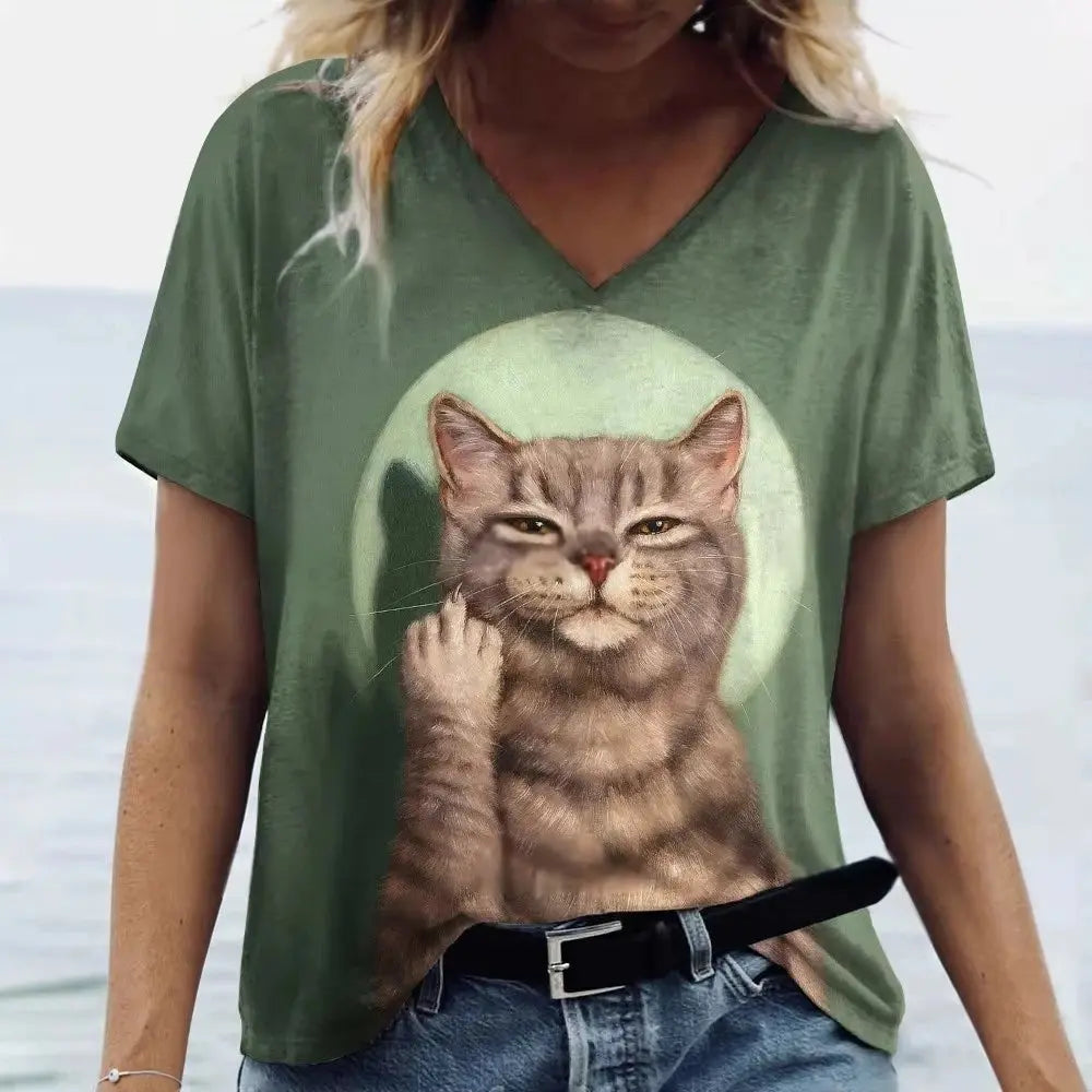Women's T Shirt Cute Cat 3D Printed T-Shirt Summer Casual Short Sleeve V-Neck Top Fashion Streetwear Female Oversized Clothing - Suncollections