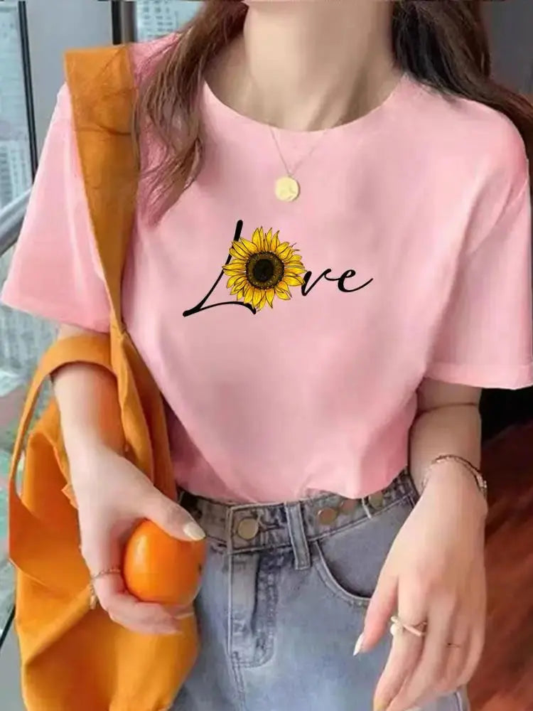 Leopard Love Heart Trend Cute Tee Top Fashion Summer Women Clothes O-neck Print Short Sleeve Clothing Graphic T-shirt T Shirt - Suncollections