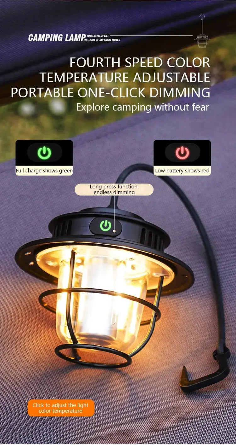 Retro Portable Camping Lantern Waterproof Emergency Light Stepless Dimmable Hanging Tent Lamp for Outdoor Hiking - Suncollections