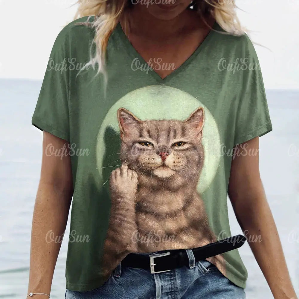 Summer Women's T Shirt Cat Print Casual Short Sleeve 3d T-Shirts Fashion Streetwear Crew Neck Pullover Female Oversized Clothing - Suncollections