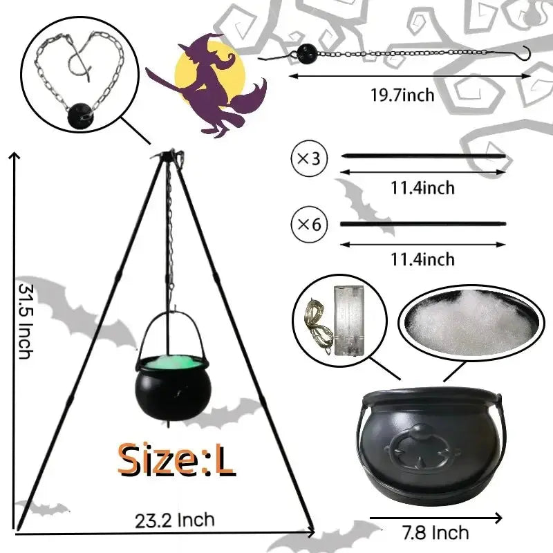 51in Halloween Decor Outdoor 12in Large Witch Cauldron on Tripod with Lights Black Plastic Bowl Party Hocus Pocus Candy Bucket Suncollections