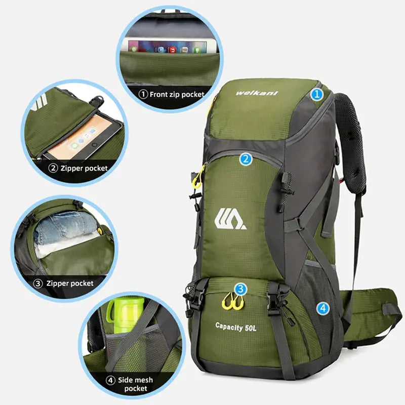 50L Travel Backpack Camping Men Large Hiking Bag Tourist Rucksack Waterproof Outdoor Sports Climbing Mountaineering Bag Luggage - Suncollections