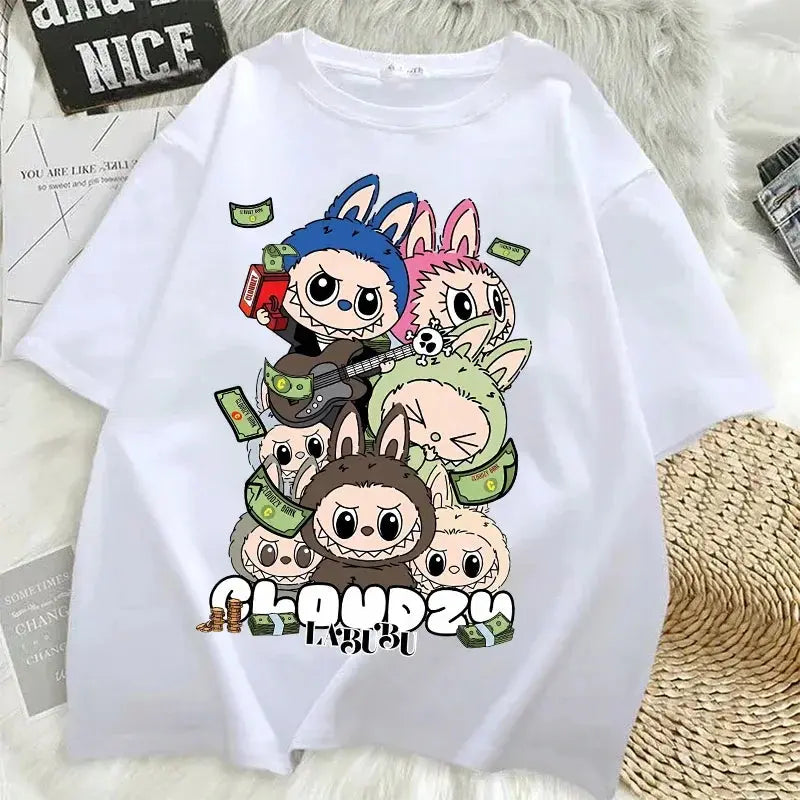 Pop Mart Labubu T-shirts for Women Anime Fashion Short Sleeved Top Summer Hip Hop Black White T-shirt High Quality Clothes - Suncollections