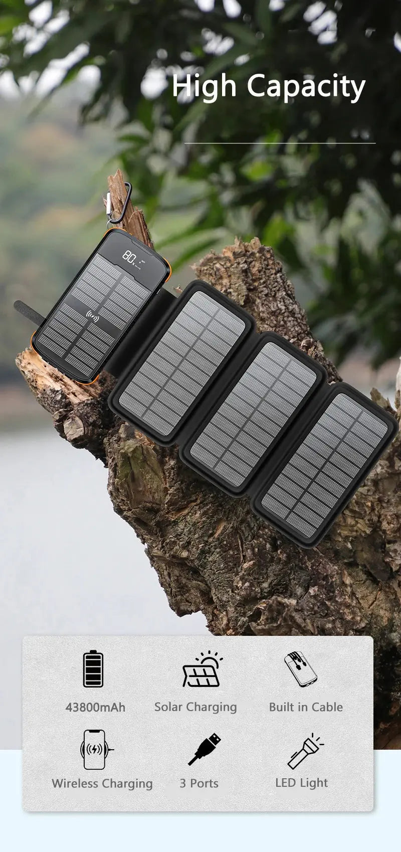 43800mAh Solar Power Bank with 4 Solar Panel Wireless Charger Powerbank for iPhone 15 Samsung S24 PD 20W Fast Charging Powerbank - Suncollections