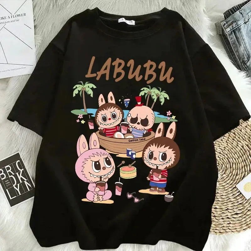 Pop Mart Labubu T-shirts for Women Anime Fashion Short Sleeved Top Summer Hip Hop Black White T-shirt High Quality Clothes - Suncollections