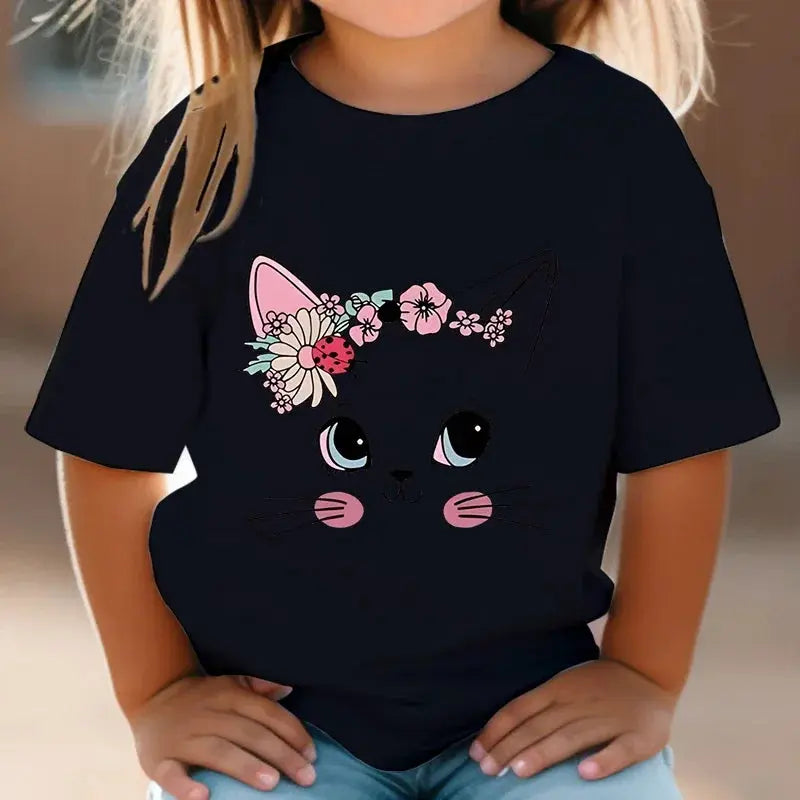 Summer Kids T Shirt Flower Cat Graphic Shirt Girls Floral Kitty Tops White Short - Suncollections