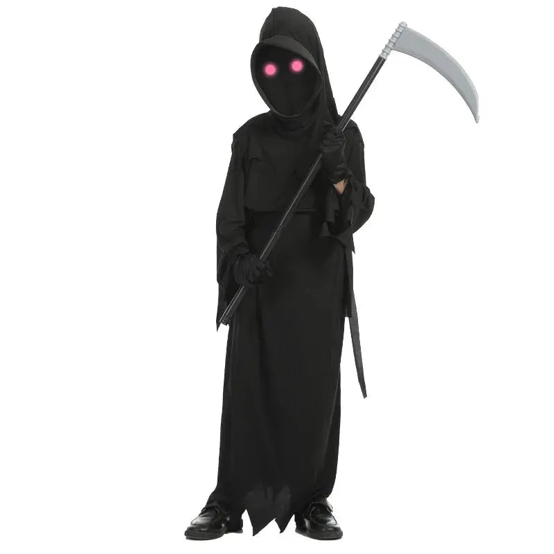 Halloween Cosplay Costume Grim Reaper Scary Skeleton Costume Children Glowing Red Eyes Grim Reaper Ghost Robe Send Scythe Props Suncollections