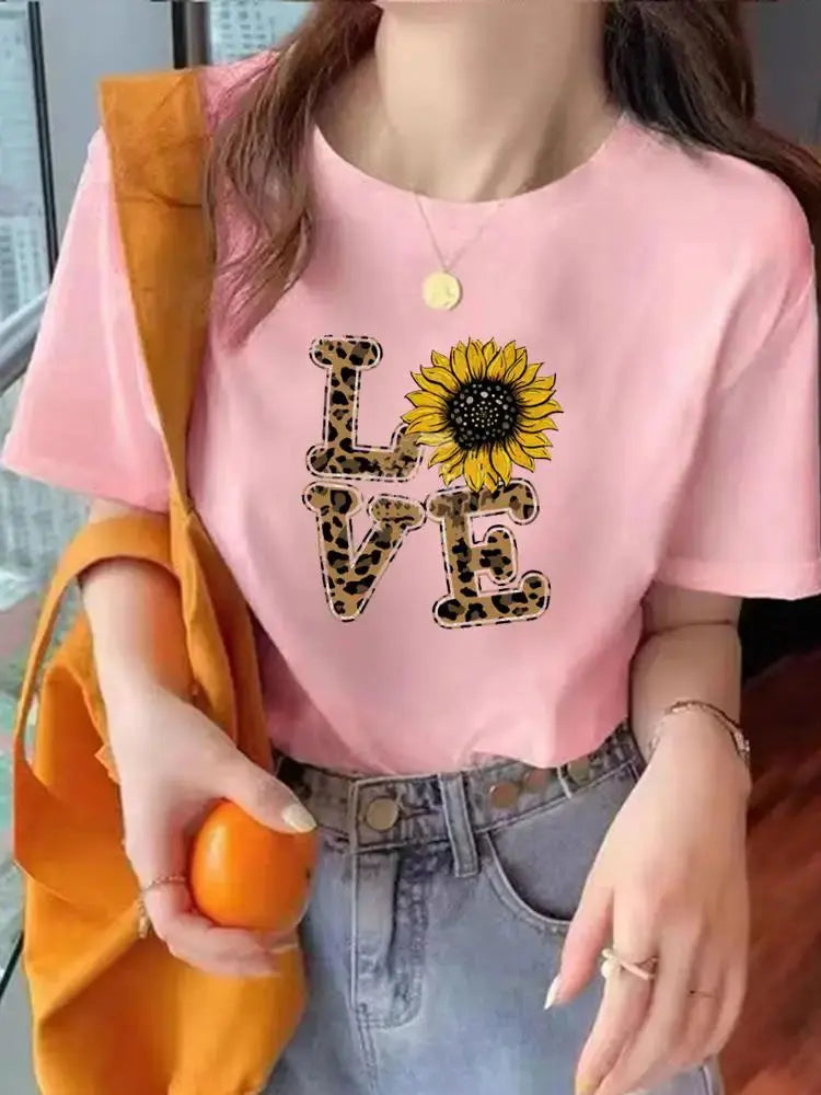 Leopard Love Heart Trend Cute Tee Top Fashion Summer Women Clothes O-neck Print Short Sleeve Clothing Graphic T-shirt T Shirt - Suncollections