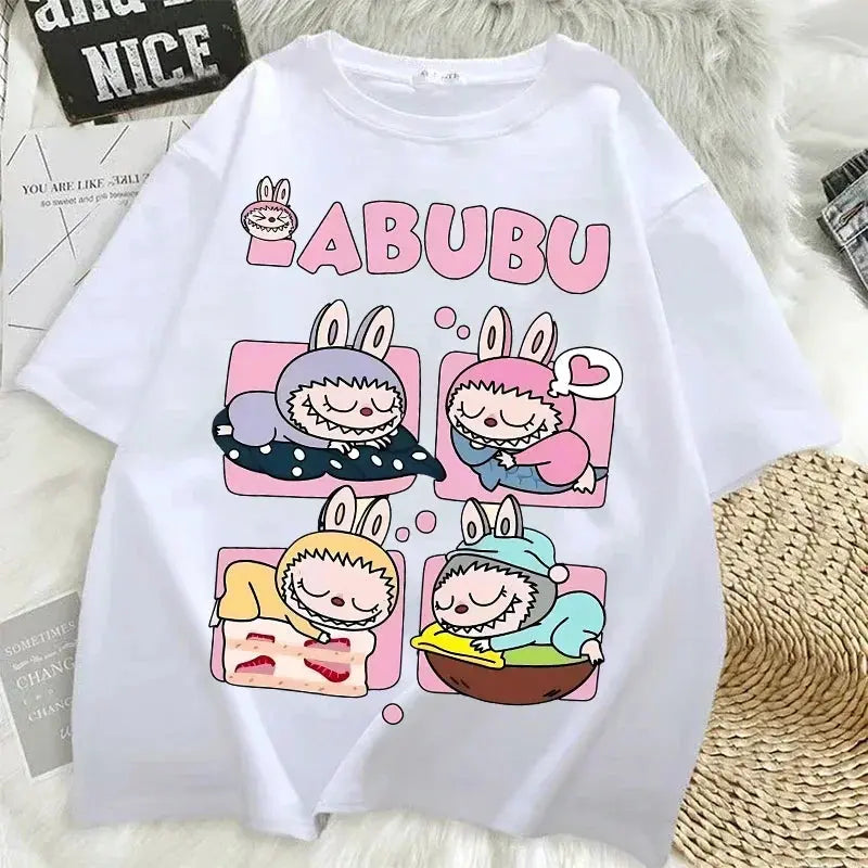 Pop Mart Labubu T-shirts for Women Anime Fashion Short Sleeved Top Summer Hip Hop Black White T-shirt High Quality Clothes - Suncollections