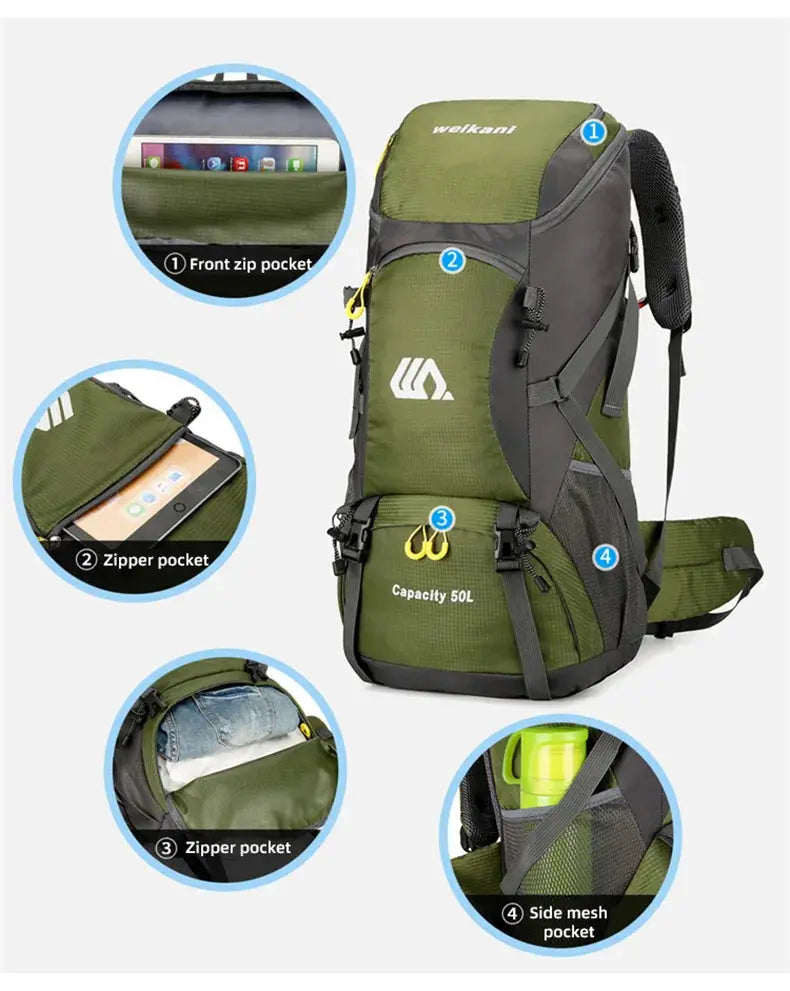 50L Travel Backpack Camping Men Large Hiking Bag Tourist Rucksack Waterproof Outdoor Sports Climbing Mountaineering Bag Luggage - Suncollections