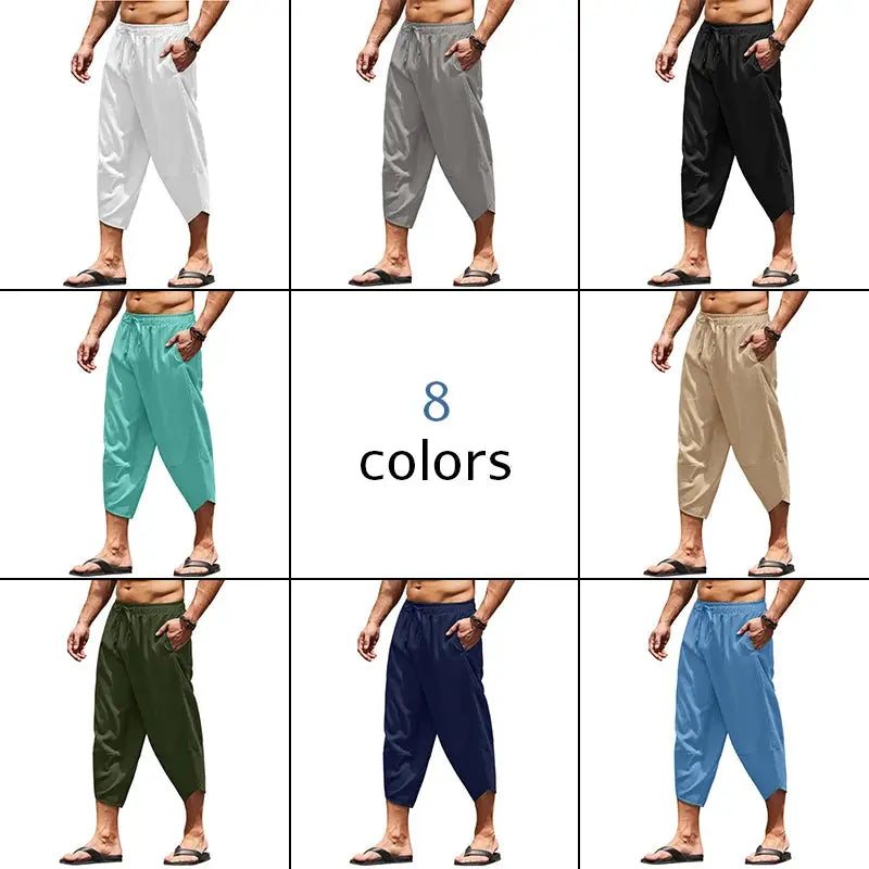 Men Summer Solid Color Capri Pants Harem Shorts Men Elastic Waist Drawstring 3/4 Length Cropped Trousers Baggy Sweatpants Suncollections